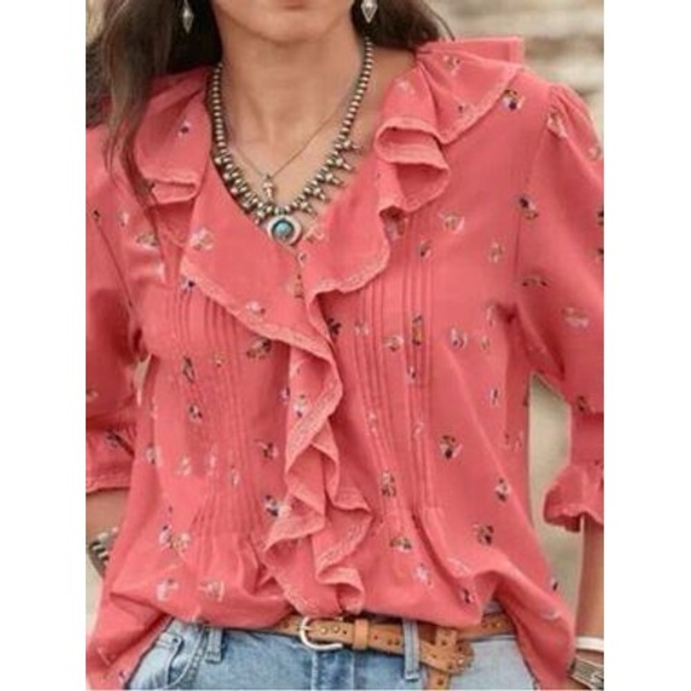 Sundance Cotton Floral Print Ruffle Neck Pintuck Blouse Coral Pink Size XS
